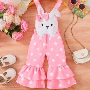 Pink Polka Dot Bunny Ruffle Overalls - Kids Bottoms